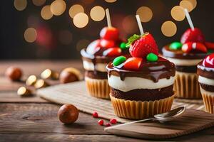 drei Cupcakes mit Schokolade Glasur und Erdbeeren. KI-generiert foto