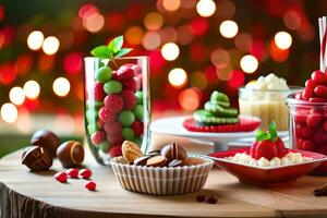 Weihnachten Dessert Tabelle mit rot Beeren und Schokolade. KI-generiert foto