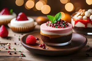 Weihnachten Dessert mit Beeren und Nüsse auf hölzern Tisch. KI-generiert foto