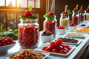 ein Buffet Tabelle mit viele anders Typen von Obst und Gemüse. KI-generiert foto