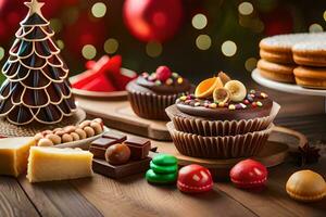 Weihnachten Kuchen, Kekse und andere Süßigkeiten auf ein Tisch. KI-generiert foto