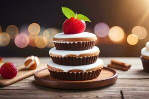 ein Stapel von Cupcakes mit ein Erdbeere auf oben. KI-generiert foto