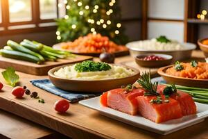 ein Tabelle mit verschiedene Lebensmittel einschließlich Lachs, Gemüse und Kartoffeln. KI-generiert foto