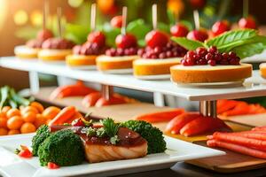 ein Buffet mit verschiedene Typen von Essen auf Es. KI-generiert foto