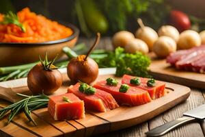 Lachs, Möhren, Zwiebeln und andere Gemüse auf ein Schneiden Tafel. KI-generiert foto