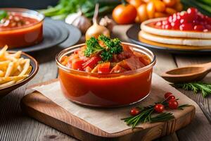 ein Schüssel von Tomate Soße mit Fritten und Gemüse. KI-generiert foto