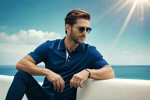 ein Mann im Sonnenbrille und ein Blau Polo Hemd Sitzung auf ein Mauer. KI-generiert foto