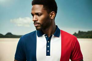 ein Mann tragen ein Rot, Weiß und Blau Polo Shirt. KI-generiert foto