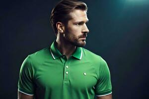 ein Mann im ein Grün Polo Shirt. KI-generiert foto