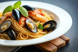 Spaghetti mit Meeresfrüchte und Muscheln im ein Weiß Schüssel. KI-generiert foto