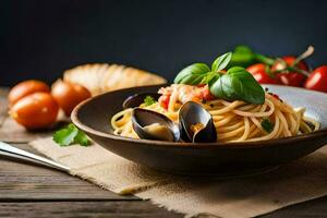 Spaghetti mit Muscheln und Tomaten im ein Schüssel. KI-generiert foto