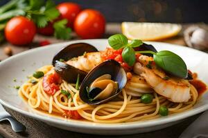 ein Teller von Pasta mit Meeresfrüchte und Tomaten. KI-generiert foto