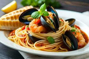 Spaghetti mit Muscheln und Tomaten. KI-generiert foto