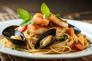 ein Teller von Pasta mit Meeresfrüchte und Tomaten. KI-generiert foto