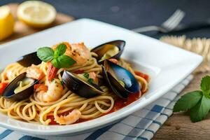 Spaghetti mit Muscheln und Garnele im Tomate Soße. KI-generiert foto