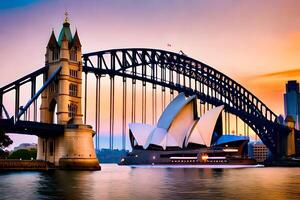 das Sydney Oper Haus und Brücke beim Sonnenuntergang. KI-generiert foto