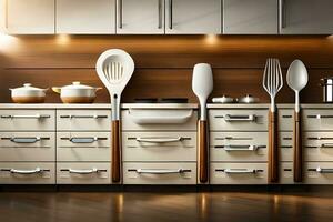Küche Utensilien auf ein Küche Kabinett. KI-generiert foto