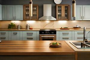 ein modern Küche mit Blau Schränke und Holz Zähler Spitzen. KI-generiert foto