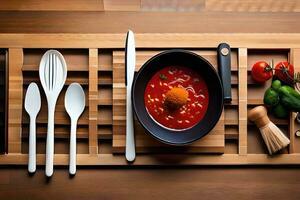 ein Schüssel von Suppe und Utensilien auf ein Schneiden Tafel. KI-generiert foto