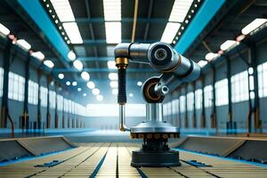 ein Roboter ist Stehen im Vorderseite von ein groß industriell Gebäude. KI-generiert foto