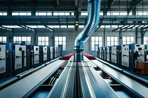 industriell Maschinen im ein Fabrik mit Blau Rohre. KI-generiert foto