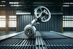 ein Metall Maschine auf ein Metall Fußboden im ein industriell Gebäude. KI-generiert foto