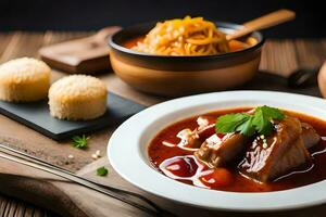 ein Schüssel von Suppe mit Fleisch und Gemüse. KI-generiert foto