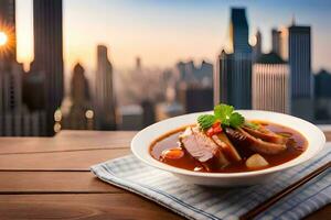 Chinesisch Essen im ein Schüssel mit Stadtbild im das Hintergrund. KI-generiert foto