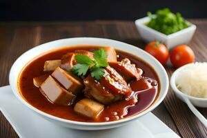 Chinesisch Essen mit Fleisch und Gemüse im ein Schüssel. KI-generiert foto