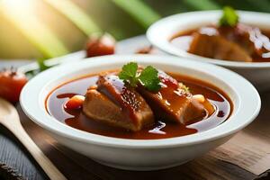 zwei Schalen von Suppe mit Fleisch und Gemüse. KI-generiert foto