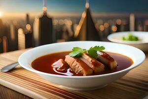 Chinesisch Essen im ein Schüssel mit ein Stadtbild im das Hintergrund. KI-generiert foto