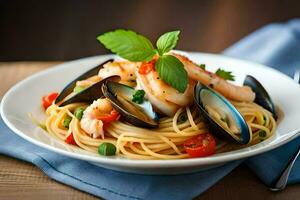 ein Teller von Pasta mit Garnele und Miesmuscheln. KI-generiert foto