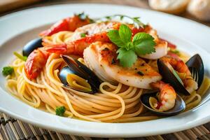 ein Teller von Pasta mit Garnele und Miesmuscheln. KI-generiert foto