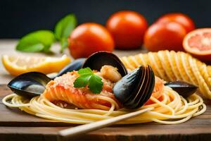 Spaghetti mit Miesmuscheln, Tomaten und andere Zutaten. KI-generiert foto