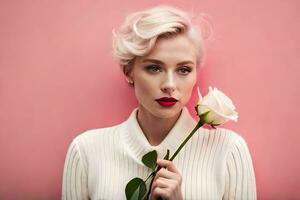 ein Frau mit ein Rose im ihr Hand. KI-generiert foto