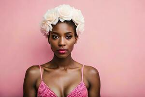schön afrikanisch amerikanisch Frau tragen Rosa Kleid und Blume Krone. KI-generiert foto