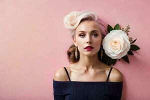 schön Frau mit Rosa Haar und Weiß Rosen auf Rosa Hintergrund. KI-generiert foto