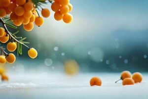 Winter Landschaft mit Orange Beeren auf ein Ast. KI-generiert foto