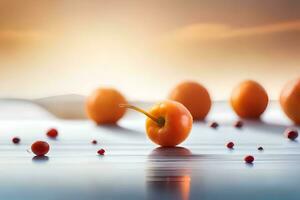 ein Gruppe von Orangen sind Sitzung auf das Wasser. KI-generiert foto