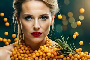 ein Frau mit hell rot Lippen und ein Bündel von Gelb Beeren. KI-generiert foto