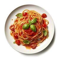 köstlich Teller von Spaghetti mit Tomate Soße auf ein Weiß Hintergrund generativ ai foto