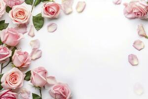 schließen oben von Blühen Rosa Rosen Blumen und Blütenblätter isoliert auf Weiß Tabelle Hintergrund. Blumen- Rahmen Komposition. dekorativ Netz Banner. leeren Raum, eben legen, oben Sicht. ai generativ foto