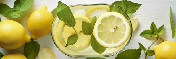 Limonade im ein Glas mit frisch Zitronen und Minze. kalt Sommer- trinken mit Kopieren Raum. generativ ai foto