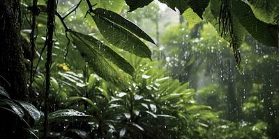 Regen Stürze im ein Regenwald mit das Regen Tropfen. generativ ai foto