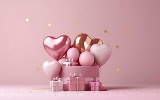 glücklich Valentinsgrüße Tag Banner. Rosa und Gold Herzen vereiteln Luftballons mit Geschenke auf Rosa Bokeh. Valentinstag Tag Hintergrund. romantisch Banner Hintergrund, leeren Raum zum Text, ai generativ foto