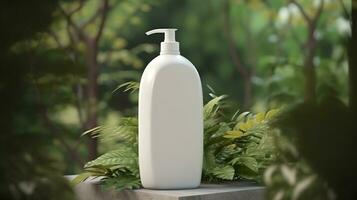 natürlich kosmetisch Produkt Präsentation hinter den Kulissen. draußen Wald Platzierung. Weiß leer Krug Shampoo Flasche. 3d. ai generativ foto