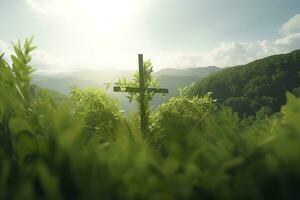 das Kreuz von Gott mit Grün Blatt, im das Strahlen von das Sonne und Blau Himmel. Kreuz auf das Hügel mit Grün Bäume und Graeen natürlich Sicht. religiös Konzept, ai generativ foto