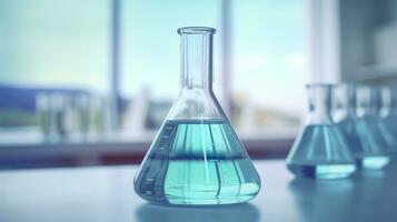 ein Wissenschaft Becherglas im das Labor auf ein Tabelle Weiß und Licht Blau Hintergrund.. Labor Ausrüstung aus von Fokus. ai generativ foto