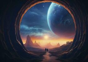 Portal zu Ein weiterer Welt. futuristisch kosmisch Landschaft mit Kreis Tunnel im sternenklar Himmel. Tor im Raum futuristisch Hintergrund mit Galaxis und Nebel. erstellt mit generativ ai foto