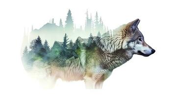 ein Alpha Wolf und das spektakulär bunt Natur und Grün Wald, sauber Scharf Fokus, auf Weiß Hintergrund, doppelt Exposition Fotografie. ai generativ foto